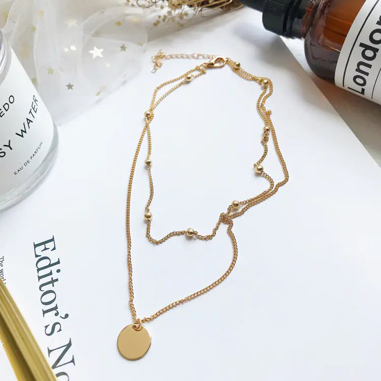 Minimalist Double Layer Necklace with Round Pendant