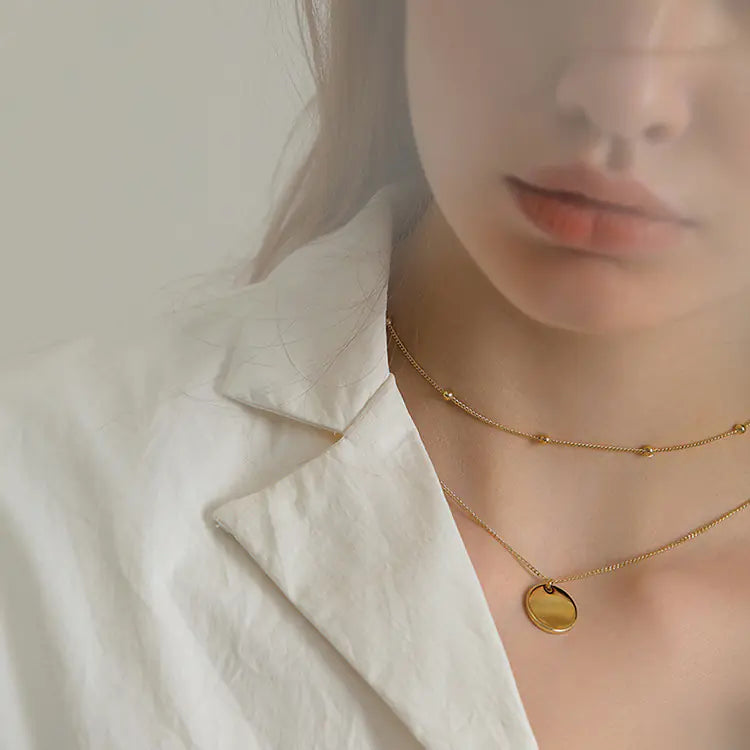 Minimalist Double Layer Necklace with Round Pendant