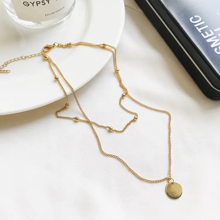 Minimalist Double Layer Necklace with Round Pendant